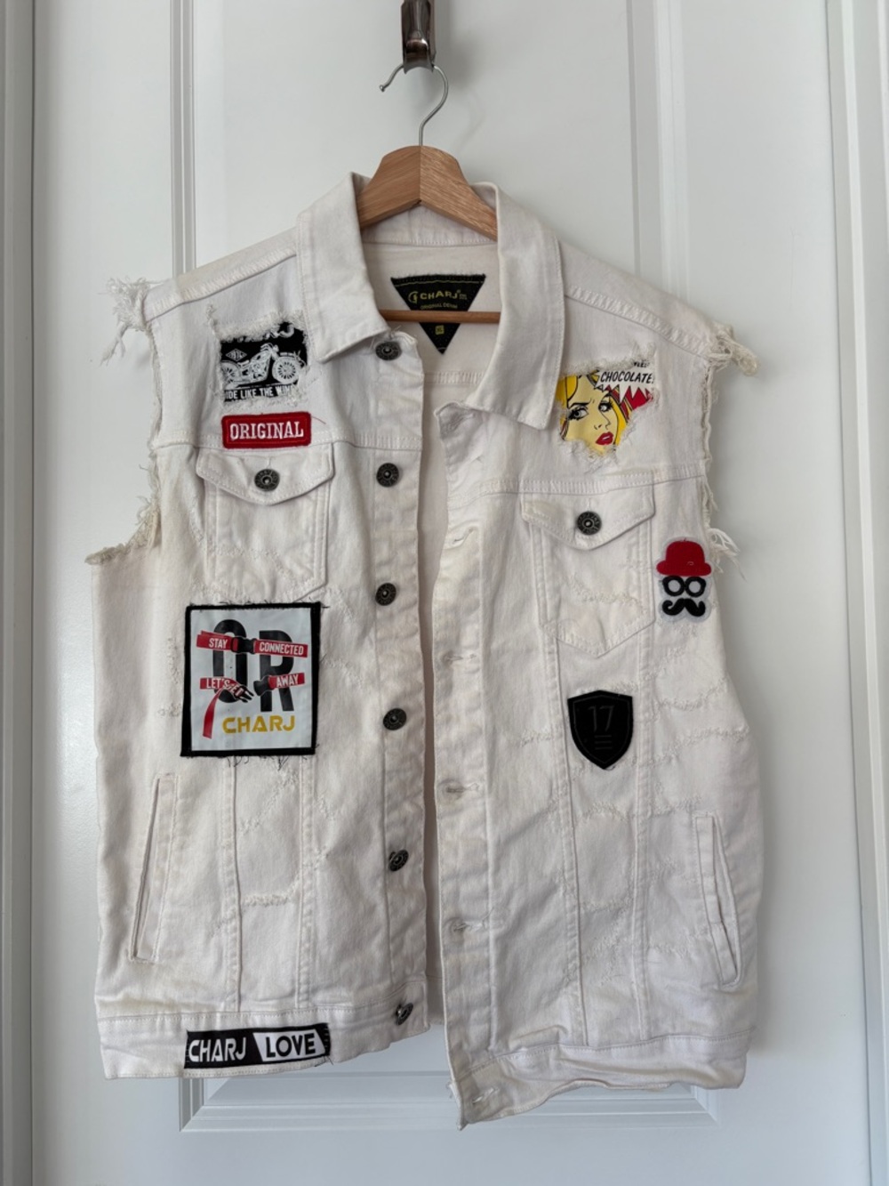 CHARJ White Distressed Denim Vest with Patches